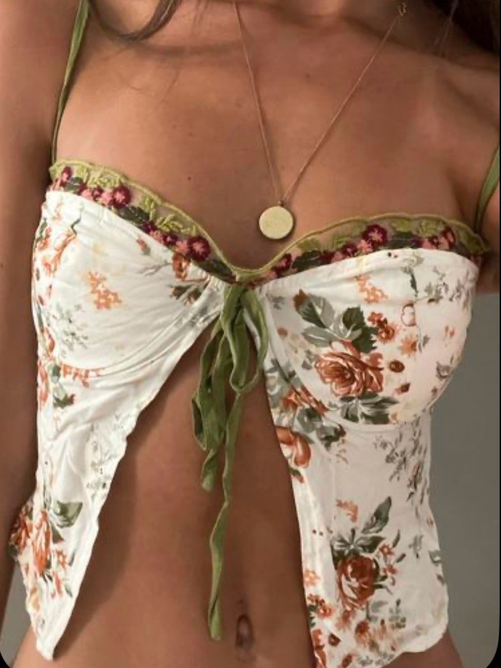 Princess Polly White Floral Tie-Front Bustier Camisole with Green Trim